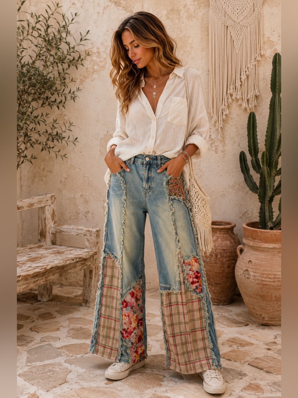 OLI & HALI NEW FALL COLLECTION Patchwork Frayed Wide Leg Jeans – Floral & Plaid